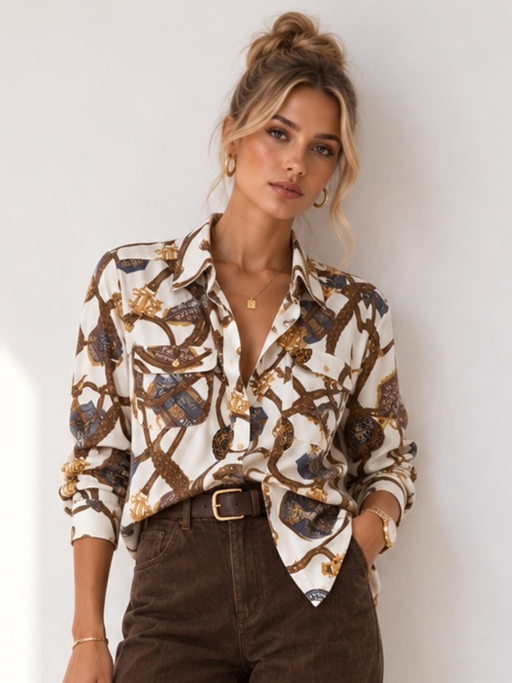$225 Lauren Ralph Lauren White Blouse with Brown Chain Print Large